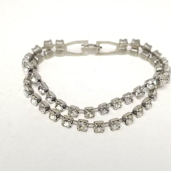 Vintage Two Strand Prong Set Rhinestone Bracelet, Silver Tone Retro Estate - Picture 1 of 5